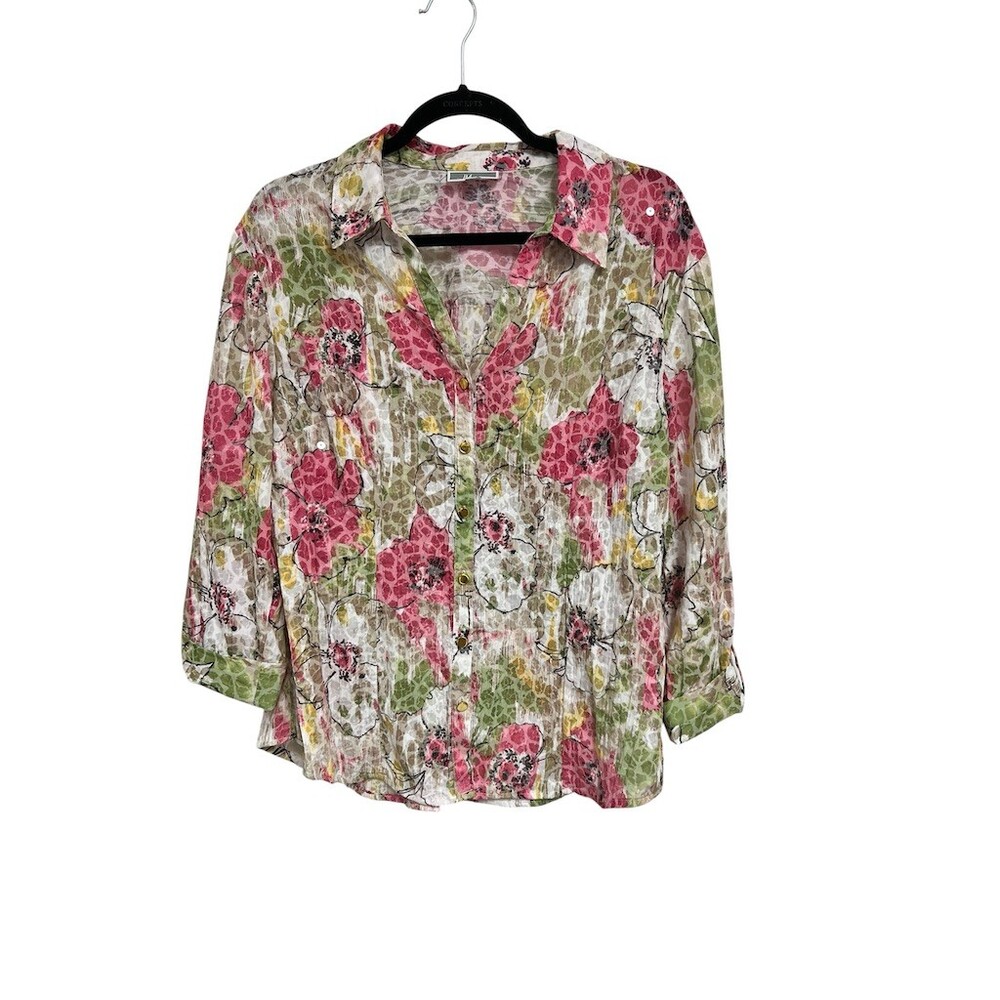 JM Collection Blouse Womens Size 12 Floral Button Front Collared Pink